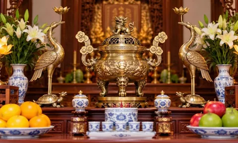 Đỉnh đồng và đôi hạc đặt trên bàn thờ thế nào cho đúng? Có phải gia đình con trưởng mới dùng đồ thờ này?