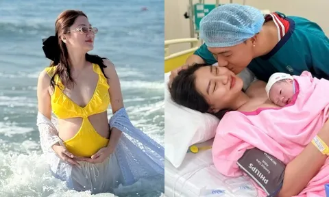 Cô nhân viên văn phòng "đốn tim" nam thần VTV cao 1m8, mang bầu mặc bikini khoe bụng xinh, đi đẻ ở viện quốc tế