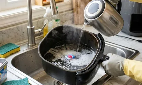 Nồi chiên không dầu dính đầy mỡ và thức ăn: Rửa theo cách này, không chà xát mạnh cũng sạch bong