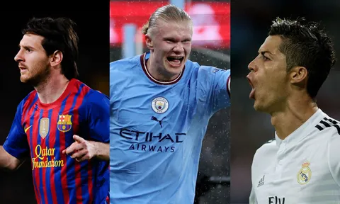 'Người máy' Haaland đang ở đâu so với mùa giải xuất sắc nhất của Messi và Ronaldo?