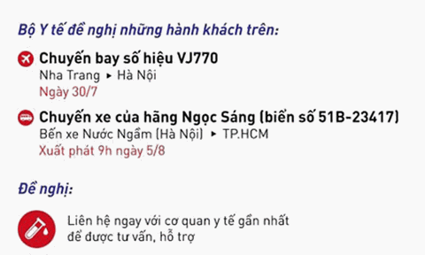 Thông báo khẩn tìm người trên chuyến bay và chuyến xe có bệnh nhân COVID-19