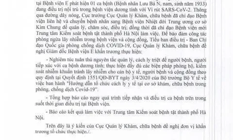 Bộ Y tế ra công văn hỏa tốc chỉ đạo công tác chống dịch Covid-19 tai Bệnh viện E