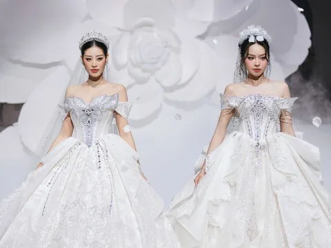 Khánh Vân- Thanh Thủy mặc đầm cưới sánh đôi catwalk, bung skill catwalk không nhìn bậc thang