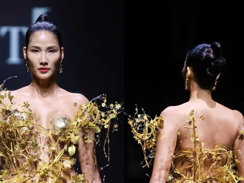 Hoàng Thuỳ mất 1 tiếng dát vàng lên cơ thể cho màn xuất hiện ấn tượng ở vị trí vedette tại SFW SS26