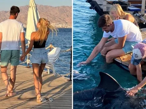Courtois đùa nghịch với cá heo cùng vợ sắp cưới