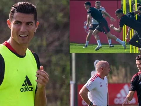 Ronaldo tập buổi đầu tiên với Man Utd: Dalot trầm trồ, đua tốc độ cùng Greenwood