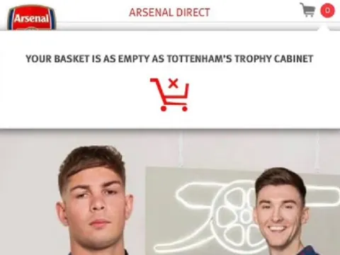 Arsenal nhắn CĐV: 'Giỏ hàng của bạn trống như tủ đựng cúp của Tottenham'
