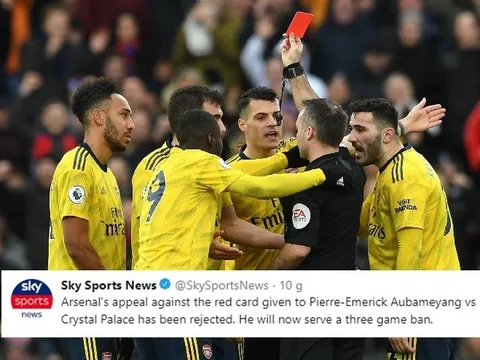 Arsenal kháng cáo bất thành, Aubameyang chính thức nghỉ 3 trận
