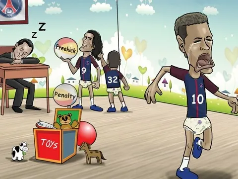 Biếm họa: Neymar khóc chạy vì bị Cavani giành đồ chơi