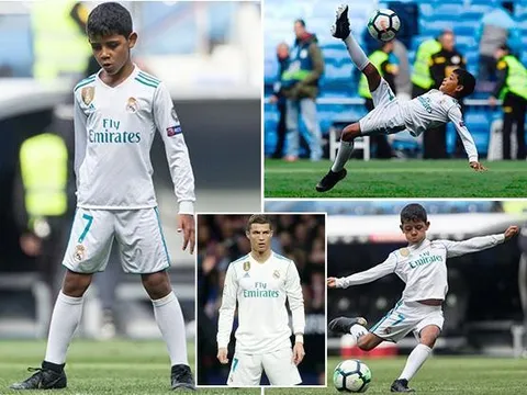 Con trai Ronaldo tái hiện pha ‘ngả bàn đèn’ của bố