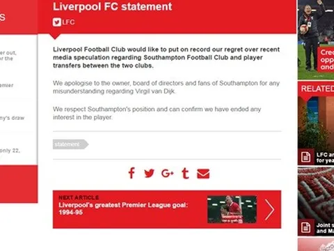 NÓNG: Liverpool công khai xin lỗi phía Southampton và hủy bỏ thương vụ Virgil van Dijk