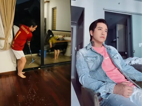 Nhà cao cửa rộng nhưng Tuấn Hưng vẫn hì hục tát nước do trời mưa to, ngẫm cảnh thấy thương bà con vùng lũ