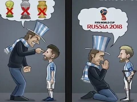 Biếm họa Argentina quỳ xuống xin Messi trợ giúp