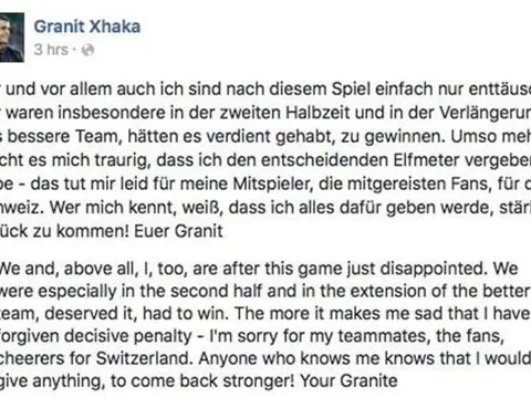 Xhaka đăng đàn xin lỗi vì khiến Thụy Sĩ bị loại