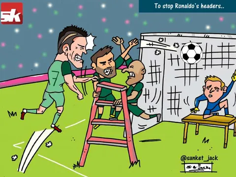 Biếm họa giải pháp ngăn cản Ronaldo bật cao ghi bàn