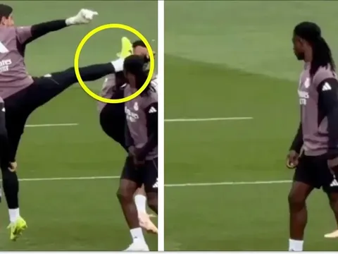 Courtois tung cước nguy hiểm suýt trúng đầu Mbappe trên sân tập