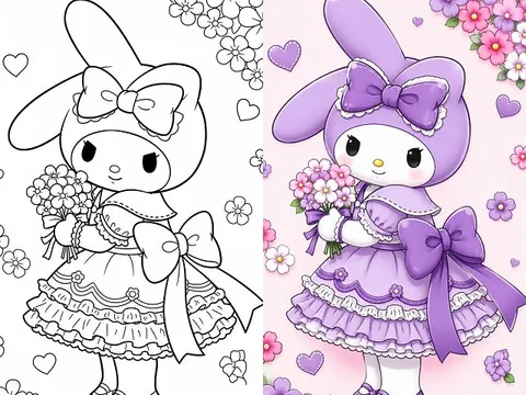 20 bức tranh tô màu thỏ Kuromi đáng yêu, cho bé mầm non thỏa sức sáng tạo