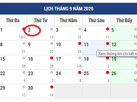 Lịch nghỉ Lễ ngày Quốc khánh 2/9/2020