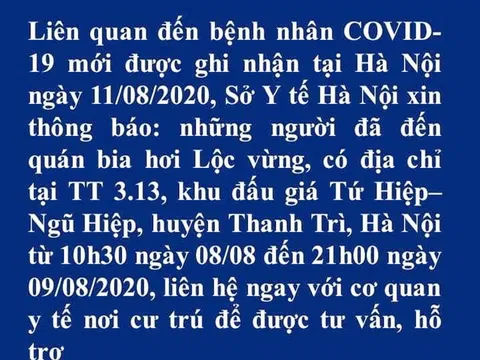 Sở Y tế Hà Nội phát thông báo khẩn tìm người đến quán bia Lộc Vừng